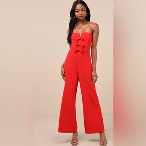 Lulu's Strapless Red Jumpsuit with Bow Accent